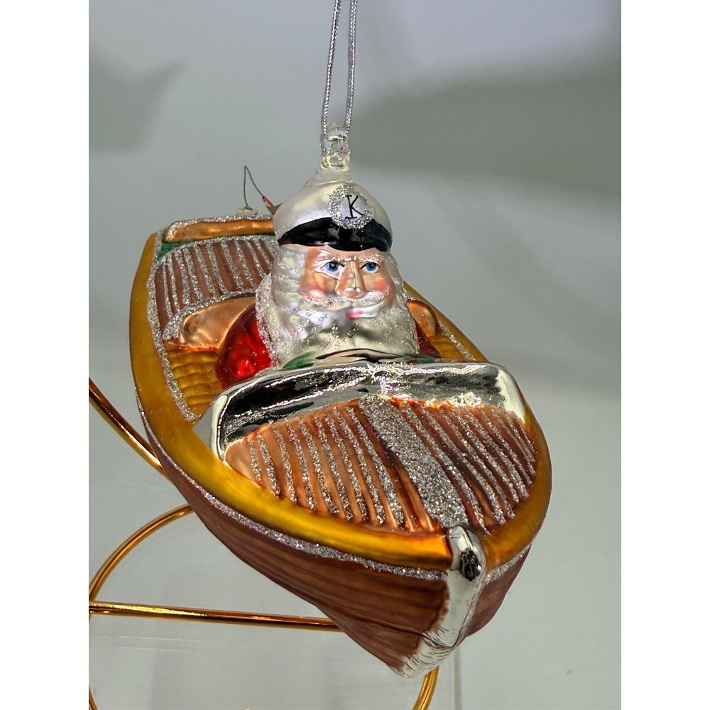 Santa Captain in Boat Glass Christmas Ornament Nautical Holiday Decor Glitter